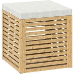 Homcom - pouf coffre style cosy chic - lattes bambou verni - coussin toucher lin gris clair