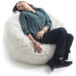 Pouf fauteuil rond xl int�rieur en fourrure poil long blanc, d�houssable, pour salon, chambre - titan ...