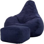Pouf fauteuil en velours c�tel� dalton et repose - pieds, poufs de salon pour adultes. bleu marine, oeko ...