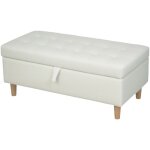 Pouf, repose - pied, tabouret rangement int�gr� pieds bois dessus tissu doux blanc cr�me design pratique ...
