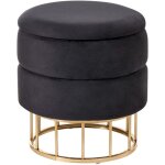 Pouf de salon glam avec rangement rond � 37 cm velours noir dor� elgin