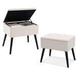 Pouf en velours avec pieds en bois massif & si�ge rembourr� rabattable, tabouret repose - pieds avec ...