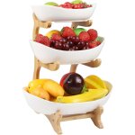 Pr�sentoir � fruits � 3 �tages, corbeille a fruits c�ramique avec support en bois r�sistant, plateaux ...