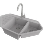 Primagran evier d'angle en granit 90x50cm, lavabo cuisine 1, 5 bacs + robinet 32x20cm + kit de vidage, ...