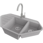 Primagran evier d'angle en granit 90x50cm, lavabo cuisine 1, 5 bacs + robinet 32x20cm + kit de vidage, ...