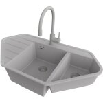 Primagran evier d'angle en granit 90x50cm, lavabo cuisine 1, 5 bacs + robinet 38x14cm + kit de vidage, ...