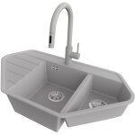 Primagran evier d'angle en granit 90x50cm, lavabo cuisine 1, 5 bacs + robinet 40x20cm + kit de vidage, ...