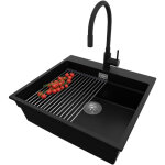 Primagran - evier cuisine en granit 58x53cm, lavabo 1 bac + robinet 40x38cm + kit de vidage + accessoire, ...