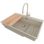 Primagran evier cuisine en granit 78x53cm, lavabo 1 bac + robinet 38x14cm + kit de vidage + accessoires, ...