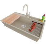 Primagran evier cuisine en granit 88x53cm, lavabo 1 bac + robinet 32x20cm + kit de vidage + accessoires, ...