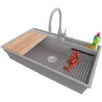 Primagran evier cuisine en granit 88x53cm, lavabo 1 bac + robinet 38x14cm + kit de vidage + accessoires, ...