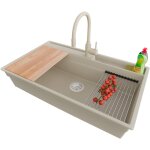 Primagran evier cuisine en granit 88x53cm, lavabo 1 bac + robinet 38x14cm + kit de vidage + accessoires, ...