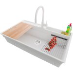 Primagran evier cuisine en granit 88x53cm, lavabo 1 bac + robinet 38x14cm + kit de vidage + accessoires, ...