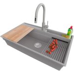 Primagran evier cuisine en granit 88x53cm, lavabo 1 bac + robinet 40x20cm + kit de vidage + accessoires, ...