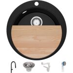 Primagran - evier cuisine granit rond noir 53x53cm, evier 1 bac + kit de vidage + robinet + planche  ...