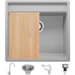 Primagran - evier sous plan gris 56x53cm, evier en granit 1 bac + kit de vidage + robinet + planche  ...