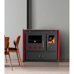 Prometey - cuisini�re � bois avec plaque en c�ramique ? 9, 5 kw panneaux lat�raux rouges, design moderne ...