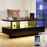 Puluomis 105x50 led table basse fixe style industriel bois rgb et m�tal noir, table de salon avec tiroir ...