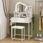 Puluomis table de maquillage avec miroir clair led, coiffeuse avec tabouret et prise intgre, blanc ...