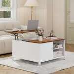 Puluomis ?table basse carr�e 80 x 80 x 43 cm � coins arrondis, deux tons bois et blanc ? plateau r�glable ...