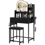 Puluomis table de maquillage avec miroir �clair� led, coiffeuse avec tabouret et prise int�gr�e, noir ...