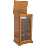 Rack hifi merisier 1 porte vitr�e dessus relevable 5 niches l 57 h 107 p 46. 5 cm