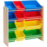 Rangement de jouets pour enfants avec 12 bacs en plastique, bois naturel avec bacs de couleur, 27. 7 ...