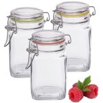 R�cipient herm�tique en verre, bocal carr� edo 260 ml, couvercle en verre, boucle m�tallique, clip