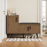 Banc � chaussures moderne avec trois portes de rangement, avec poign�es asym�triques en m�tal et plusieurs ...