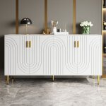 Buffet blanc (152 x 40 x 75 cm) avec un design de vagues unique et des poignes et pieds dors pour un ...
