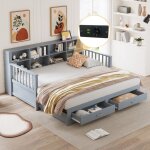 Canap - lit gigogne, avec prise de charge, 2 tiroirs et sommier  lattes, 90 / 180x190 cm, en bois, ...