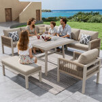 Redom ensemble canap� de jardin en l avec table basse en verre effet bois et fauteuil beige pour 8 personnes ...