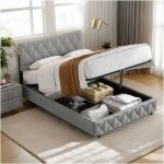 Lit coffre adulte 160x200 cm - t�te de lit capitonn�e couture bouton - sommier � lattes - gris - sans ...