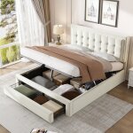 Lit double 140 x 190 cm, lit coffre avec tiroirs, sommier  lattes et tte de lit, velours, beige