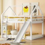 Redom - lit cabane enfant, lit superpos avec toboggan et chelle, 140x200cm, en bois, blanc