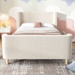 Redom - lit enfant 90x200 cm - lit simple avec sommier et t�te de lit capitonn�e - velours - beige (sans ...