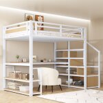 Lit mezzanine 140x200 cm, lit jeune, �chelle de rangement, �tag�res et table, lit en fer, structure en ...