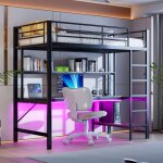 Lit mezzanine 90x200 cm, lit enfant avec barri�res de s�curit�, �chelle, usb et led, bureau, structure ...