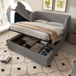 Lit rembourré 160×200, lit double à rangement hydraulique avec large dossier latéral et couvre - sommier ... Lit rembourré 160×200, lit double à rangement hydraulique avec large dossier latéral et couvre - sommier ...