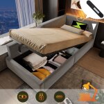 Lit rembourr mridienne 90x200cm, canap - lit avec espace de rangement hydraulique, fonction lampe ...