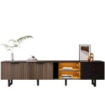 Redom - meuble tv 200 cm aspect marbre noir, portes en grain de bois fonc�, �clairage led orientable, ...