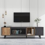 Redom - meuble tv élégant, 200x40x55, 5 cm, bois foncé, gris et grain de bois, adapté à un téléviseur ... Redom - meuble tv élégant, 200x40x55, 5 cm, bois foncé, gris et grain de bois, adapté à un téléviseur ...