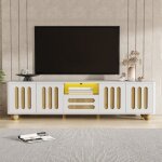 Meuble tv moderne 180x40x47 cm - aspect blanc et bois avec 4 portes, 1 tiroir et éclairage led - coins ... Meuble tv moderne 180x40x47 cm - aspect blanc et bois avec 4 portes, 1 tiroir et éclairage led - coins ...