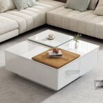 Redom - table basse carre moderne en bois blanc brillant avec tagre 757533, 5 cm, petit plateau coulissant, ...