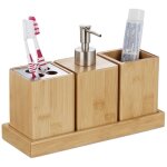 Relaxdays accessoires de salle de bain, lot de 4, bambou, distributeur de savon � pompe, gobelet � brosse ...