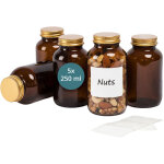 Relaxdays bocaux en verre ambr�, lot de 5, 250 ml, avec couvercles et �tiquettes, pour herbes, m�dicaments ...