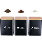 Relaxdays bo�tes herm�tiques, lot de 3, caf� / th� / sucre, m�tal, couvercle bambou, 15 x 11 x 11 cm, ...