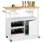 Desserte  roulettes, chariot cuisine, casier  vin, porte - verres, 83 x 92 x 40 cm, bambou, mdf, blanc ...