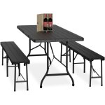 Ensemble table pliante et 2 bancs, pour jardin, pavillon ou camping, effet bois, 180 cm, noir - relaxdays ...