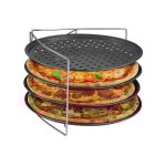 Plaque � pizza, 4 pi�ces, avec support, antiadh�sive, acier au carbone, plaque perfor�e, anthracite / ...